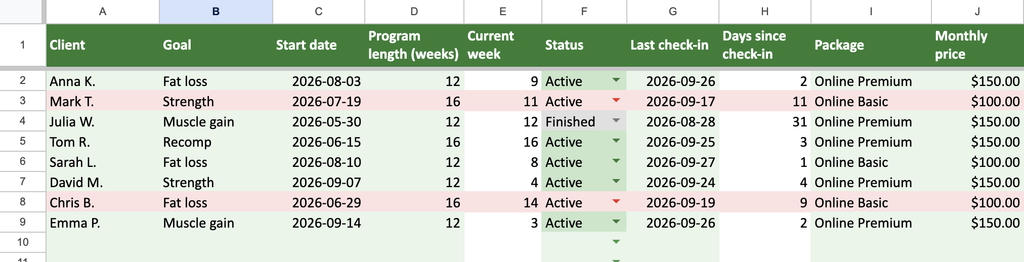 Client list with overdue check-in flags