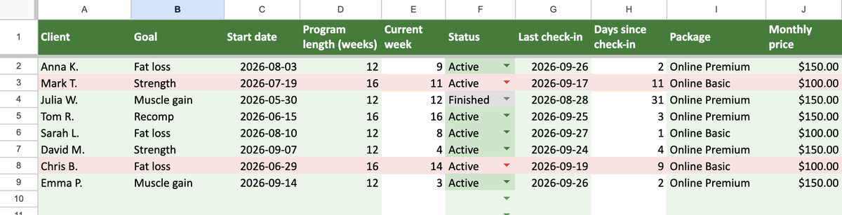 Client list with overdue check-in flags