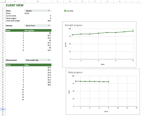 Client view: logged sets and charts read live from the client's sheet