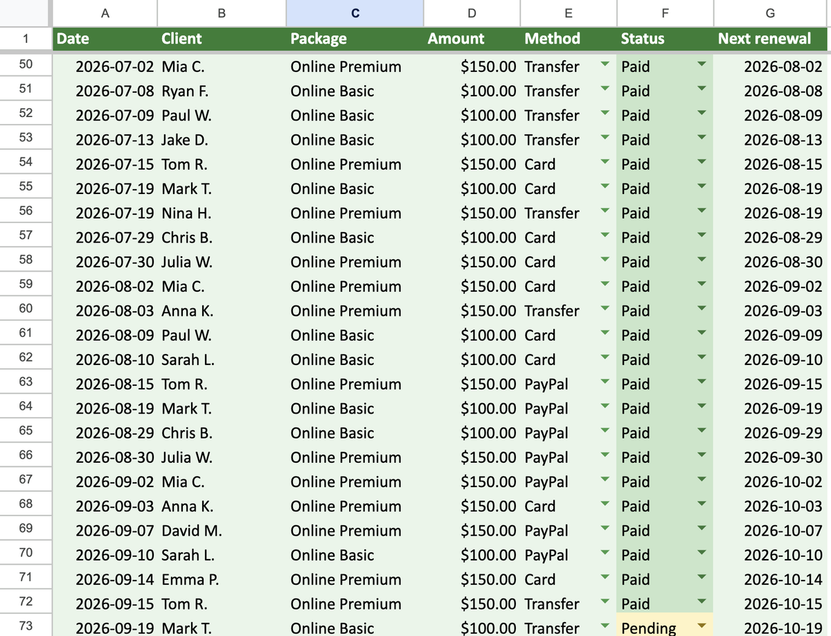 Payments log with renewal dates